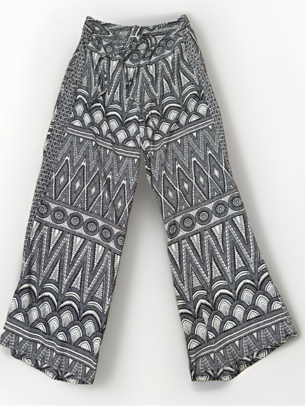 Women Sz 12 Black White Geometric Ethnic Palazzo Wide Leg Pants Drawstring Boho